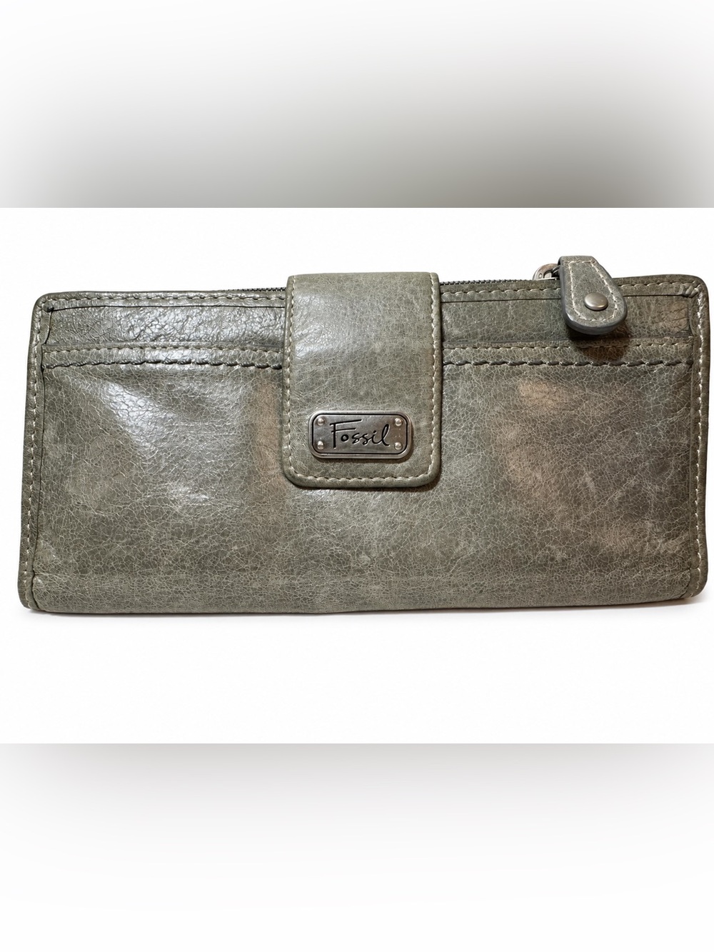 Fossil Gray Green Genuine Leather Bifold Wallet Snap Tab Zip Pocket ID Window